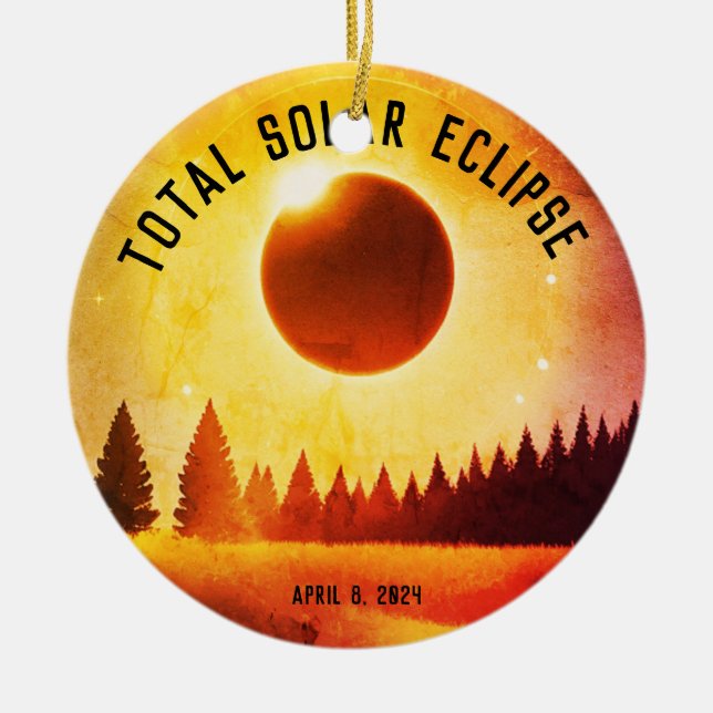 Retro Total solar eclipse April 8, 2024 landscape Ceramic Tree Decoration (Front)