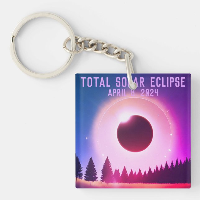 Retro Total solar eclipse April 8, 2024 landscape Key Ring (Front)