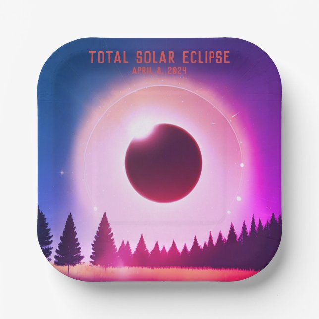 Retro Total solar eclipse April 8, 2024 landscape Paper Plate (Front)