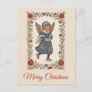 Retro traditional Christmas skating Angel floral Postcard