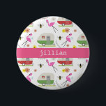 Retro Trailer & Flamingos Pattern 6 Cm Round Badge<br><div class="desc">This product features a pattern which incorporates illustrations of retro vintage inspired camper trailers,  pink flamingos,  bees,  and flowers.</div>