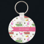 Retro Trailer & Flamingos Pattern Key Ring<br><div class="desc">This product features a pattern which incorporates illustrations of retro vintage inspired camper trailers,  pink flamingos,  bees,  and flowers.</div>