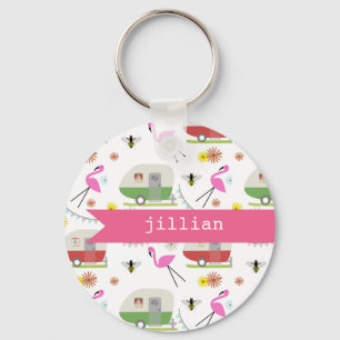 Retro Trailer & Flamingos Pattern Key Ring