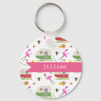 Retro Trailer & Flamingos Pattern Key Ring