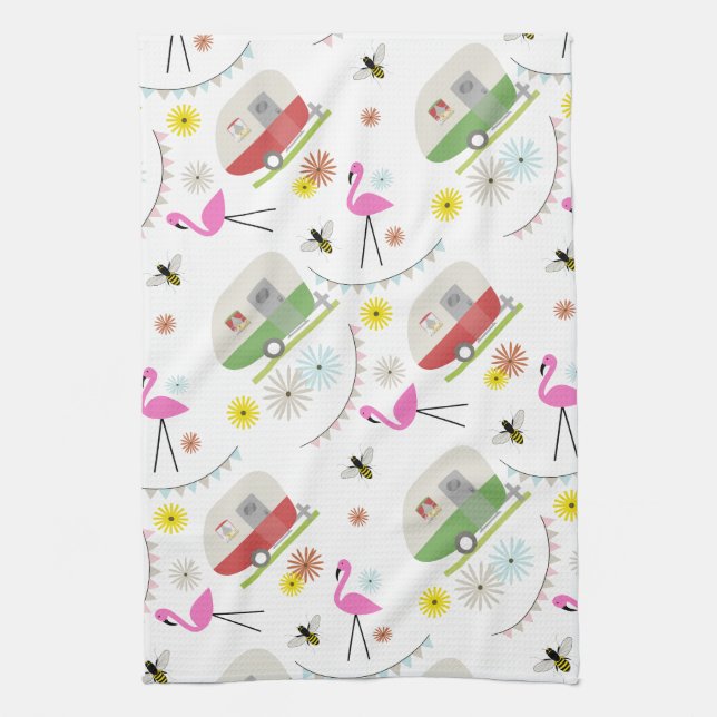 Retro Trailer & Flamingos Pattern Tea Towel (Vertical)