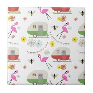 Retro Trailer & Flamingos Pattern Tile