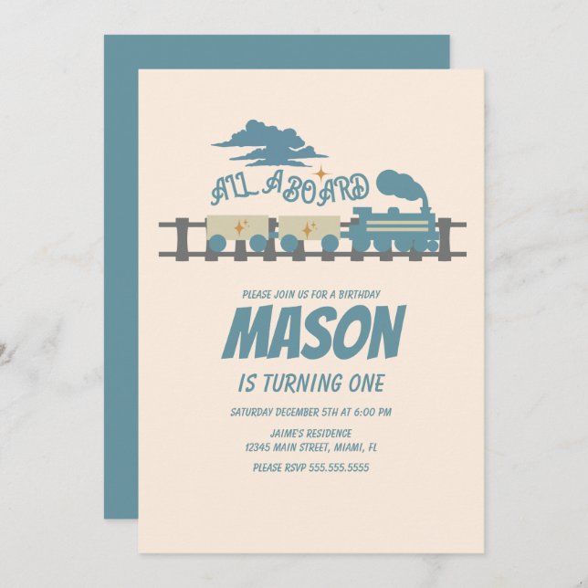 Retro Train Kids Birthday Party Earthy Invitation (Front/Back)