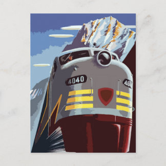 Retro train travel postcard