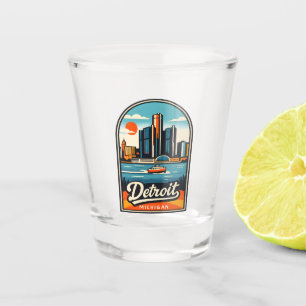 Retro Travel Detroit Michigan Cityscape Lakeside Shot Glass