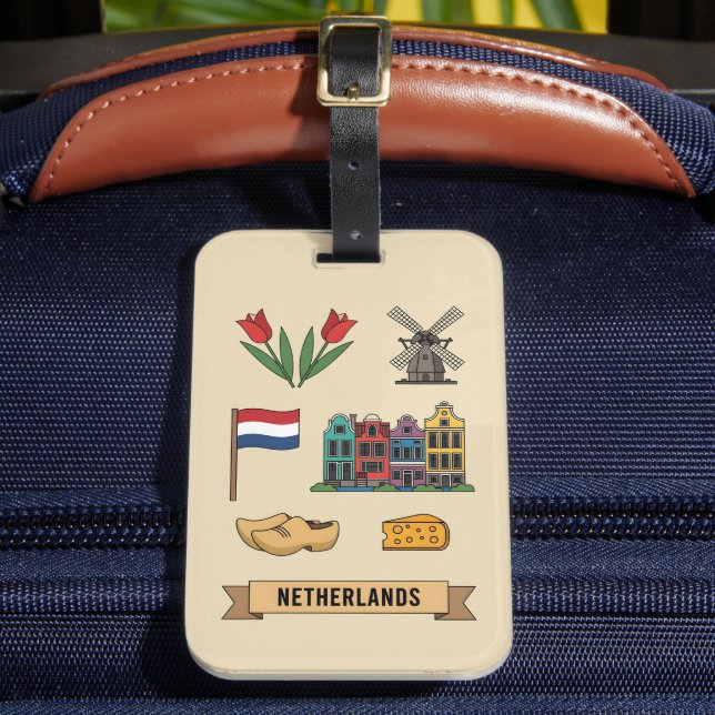 Retro Travel Netherlands Iconic Cultural Symbols Luggage Tag (Front Insitu 2)