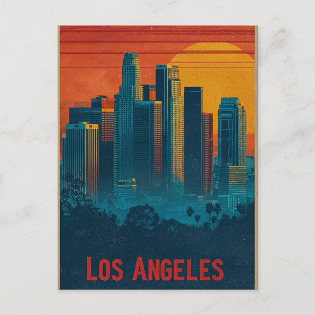 Retro Travel Poster Art of Downtown Los Angeles Holiday Postcard (Front)