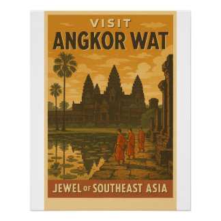 Retro travel poster of Angkor Wat temple