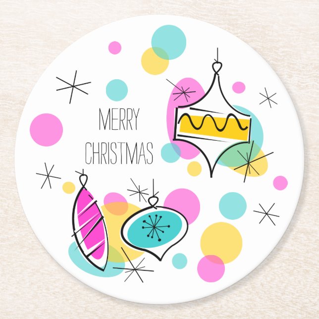 Retro Tree Baubles Christmas coaster round (Front)