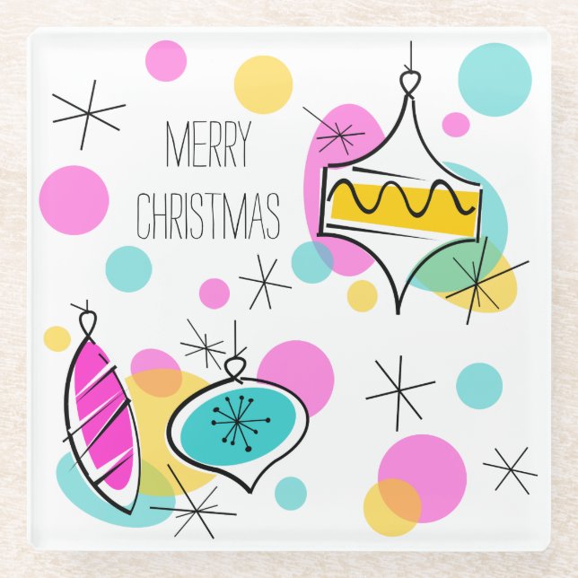 Retro Tree Baubles Christmas glass Coaster (Front)