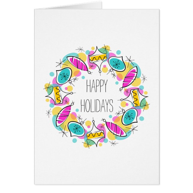 Retro Tree Baubles Circle Happy Holidays card (Front)