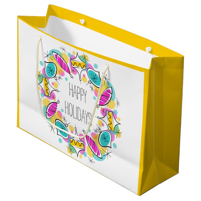 Retro Tree Baubles Circle Holidays large yellow Gift Bag (Front Angled)