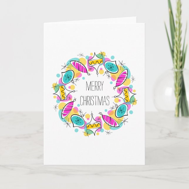 Retro Tree Baubles Circle Merry Christmas card (Front)