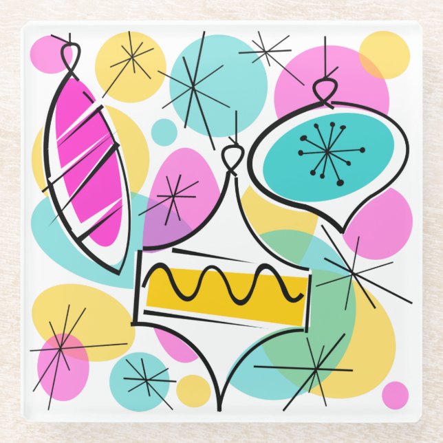 Retro Tree Baubles coaster glass (Front)