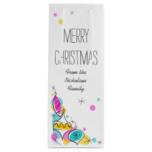 Retro Tree Baubles Corner Christmas Text wine Gift Bag