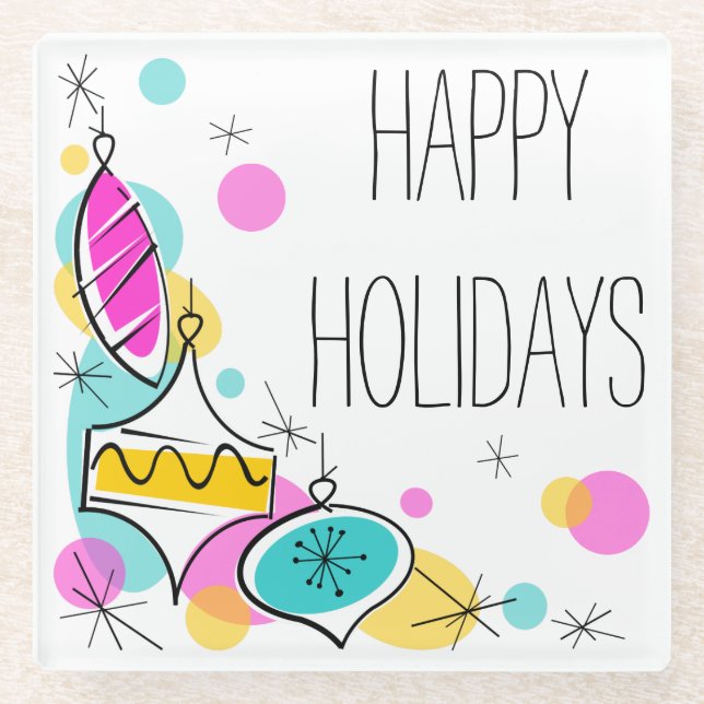 Retro Tree Baubles Corner Holidays glass Coaster (Front)