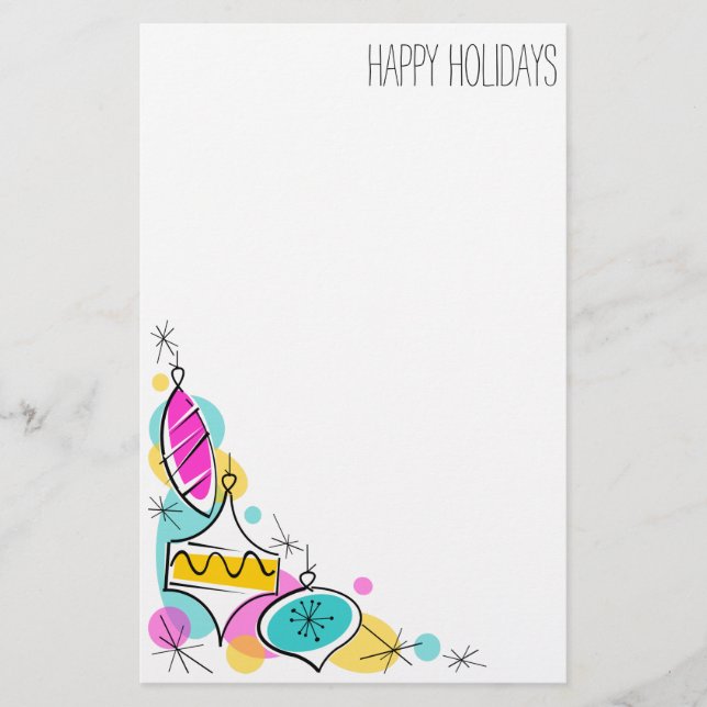 Retro Tree Baubles Corner Holidays stationery (Front)