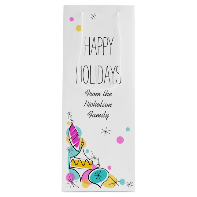 Retro Tree Baubles Corner Holidays Text wine Gift Bag (Front)