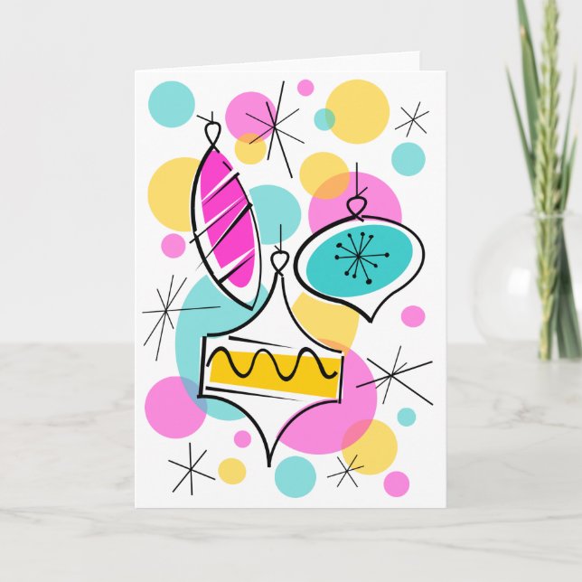 Retro Tree Baubles greetings card vertical (Front)