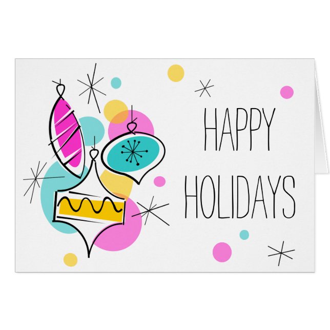 Retro Tree Baubles Group Happy Holidays card (Front Horizontal)