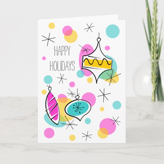 Retro Tree Baubles Happy Holidays text vertical Holiday Card (Front)