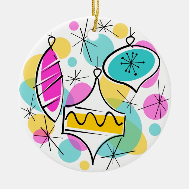 Retro Tree Baubles Merry Christmas ornament round (Front)