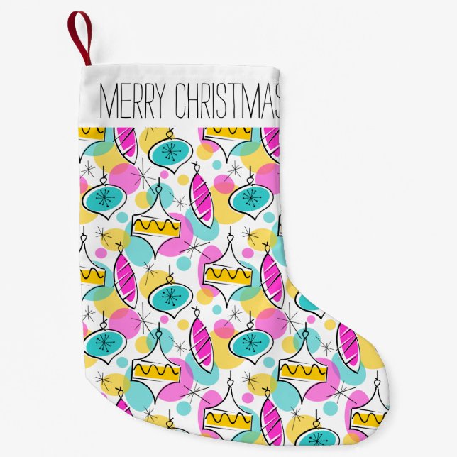 Retro Tree Baubles Multi Text stocking 2 sided (Front)