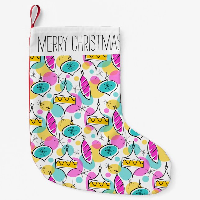 Retro Tree Baubles Multi Text stocking red back (Front)