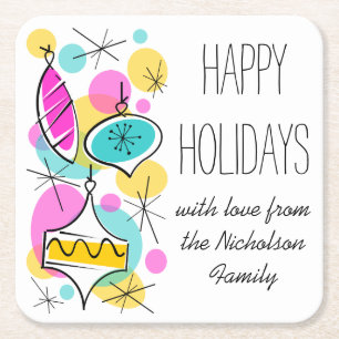 Retro Tree Baubles Side Holidays Text square Paper Coaster