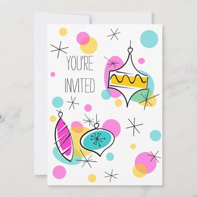 Retro Tree Baubles You're Invited vertical Invitation (Front)