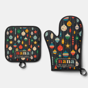 Retro Tree Toys Ornaments Nana Christmas Oven Mitt & Pot Holder Set