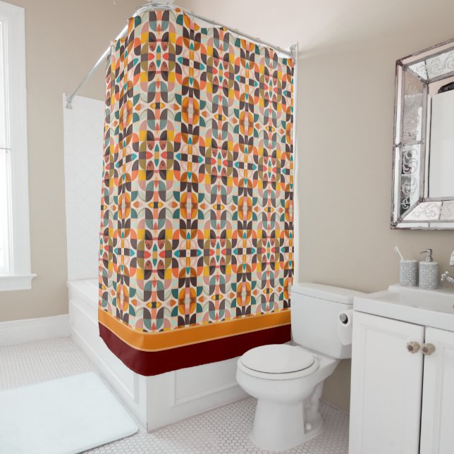 Retro Trendy Abstract Squares Collection Shower Curtain (In Situ)