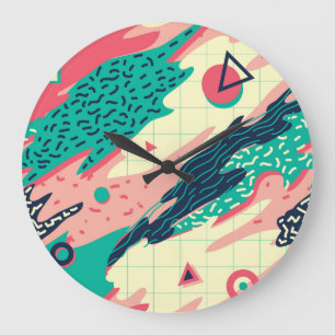 Retro Trendy Memphis Geometric Wallpaper Large Clock