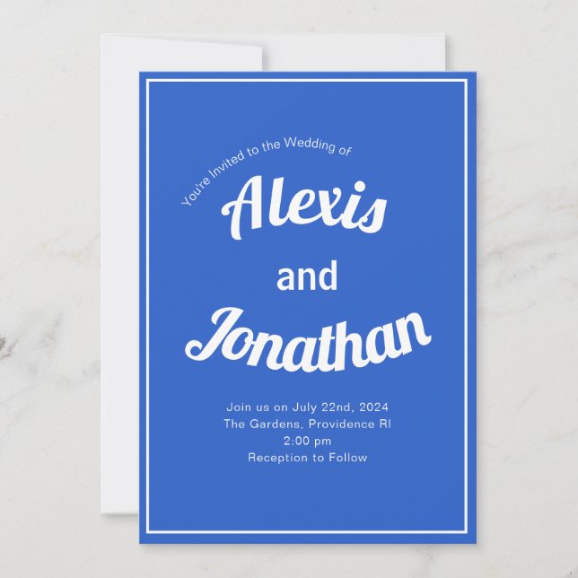 Retro Trendy Playful French Blue White Wedding Invitation (Front)
