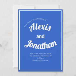 Retro Trendy Playful French Blue White Wedding Invitation