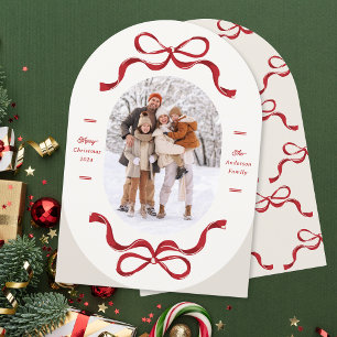Retro Trendy Red Bows Oval Photo Arch Holiday Card