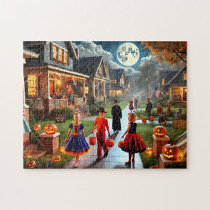 Retro Trick or Treat 1950s Halloween Night Jigsaw Puzzle