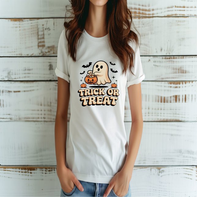 Retro Trick or Treat Halloween Cute Ghost T-Shirt (Creator Uploaded)