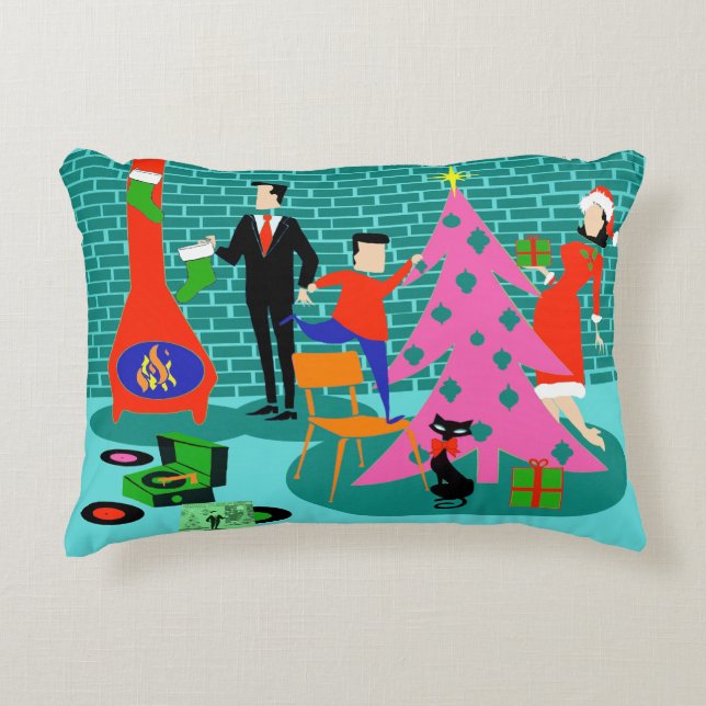 Retro Trimming the Christmas Tree Accent Pillow (Front)