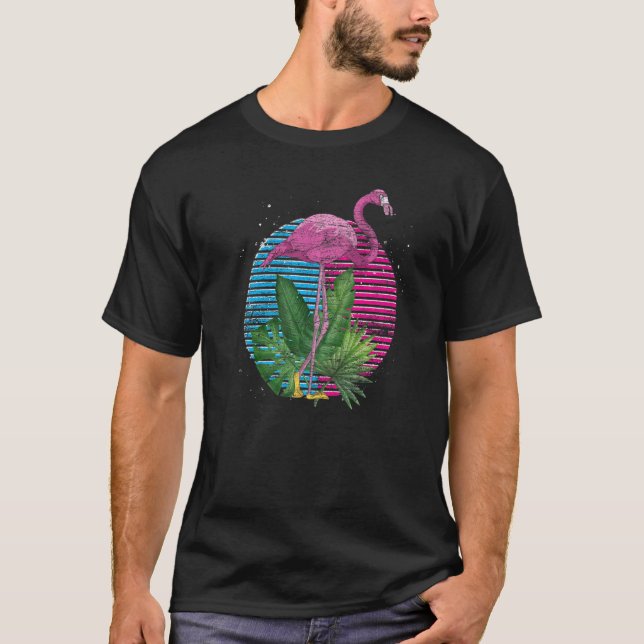Retro Tropical Animal  Exotic Bird Pink Flamingo T-Shirt (Front)