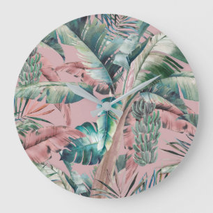 Retro tropical banana leaf large clock