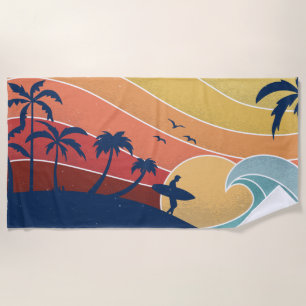Retro Tropical Beach Surfing Surfer Palm Trees Beach Towel