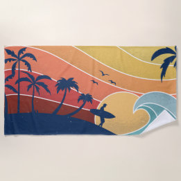 Retro Tropical Beach Surfing Surfer Palm Trees Towel