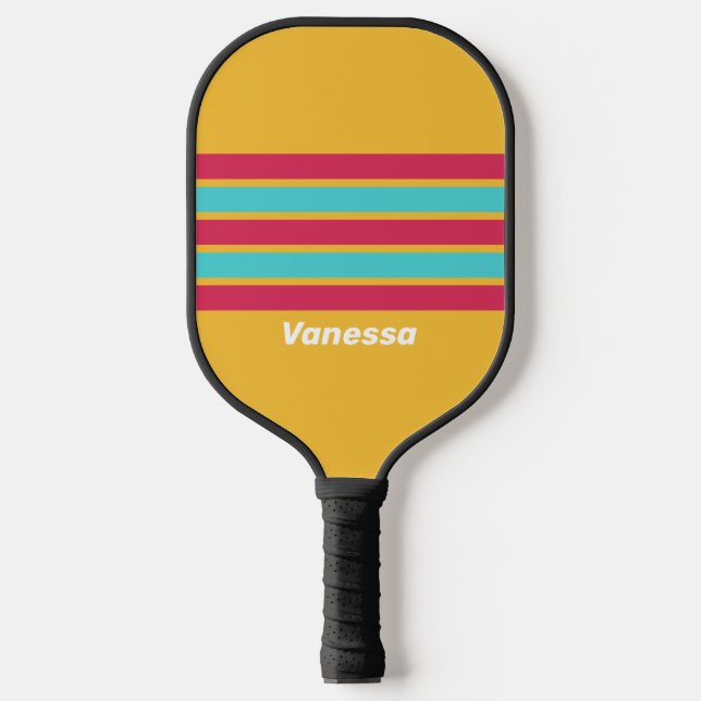 Retro Tropical Breeze Across Striping with Name Pickleball Paddle (Front)