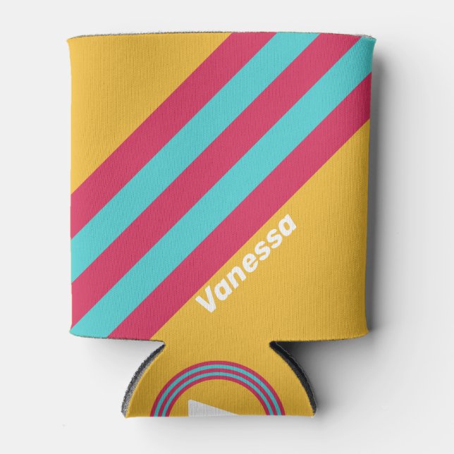 Retro Tropical Breeze Stripes with Name Can Cooler (Front)
