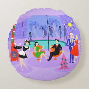 Retro Tropical Christmas Party Round Pillow